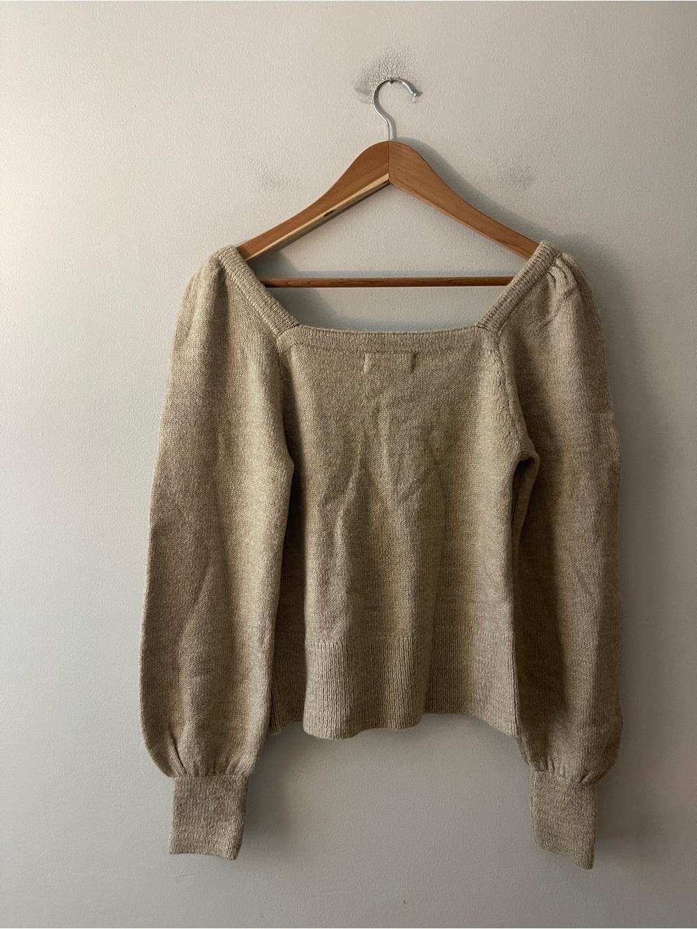Anthropologie XS Taupe Beige Knit Sweater Square Neck Balloon Sleeve Boho - Picture 4 of 5